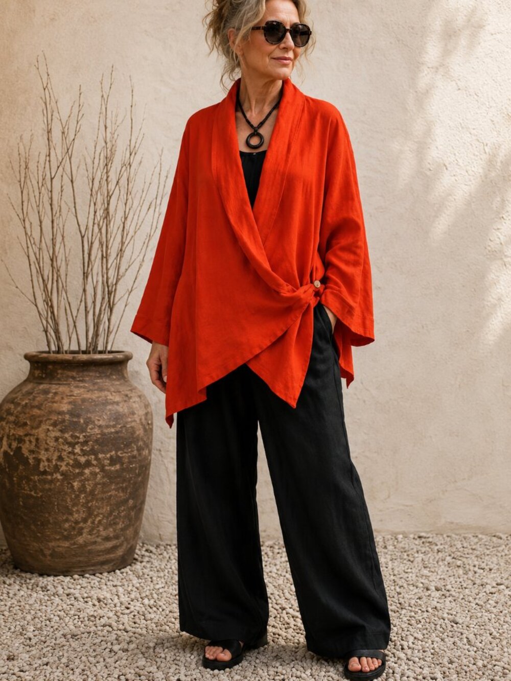 Heydari Linen Wrap Jacket Womens S Orange Lagenlook Art To Wear Boho Top